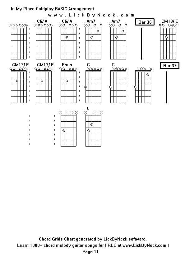 Chord Grids Chart of chord melody fingerstyle guitar song-In My Place-Coldplay-BASIC Arrangement,generated by LickByNeck software.